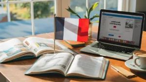 Bureau avec livres de français, ordinateur portable, drapeau français et tasse de café sur une table en bois.