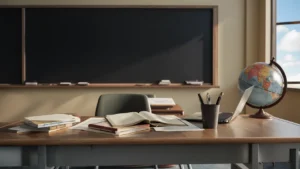 Classe moderne avec tableau noir, bureau en bois avec livres, ordinateur portable et globe sous un ciel clair.