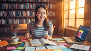 Woman studying French vocabulary at desk with dictionary, flashcards, and laptop in sunlit room.