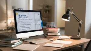 Computer with grammar software, grammar books, pen, paper, and lamp on desk in neutral-toned room.