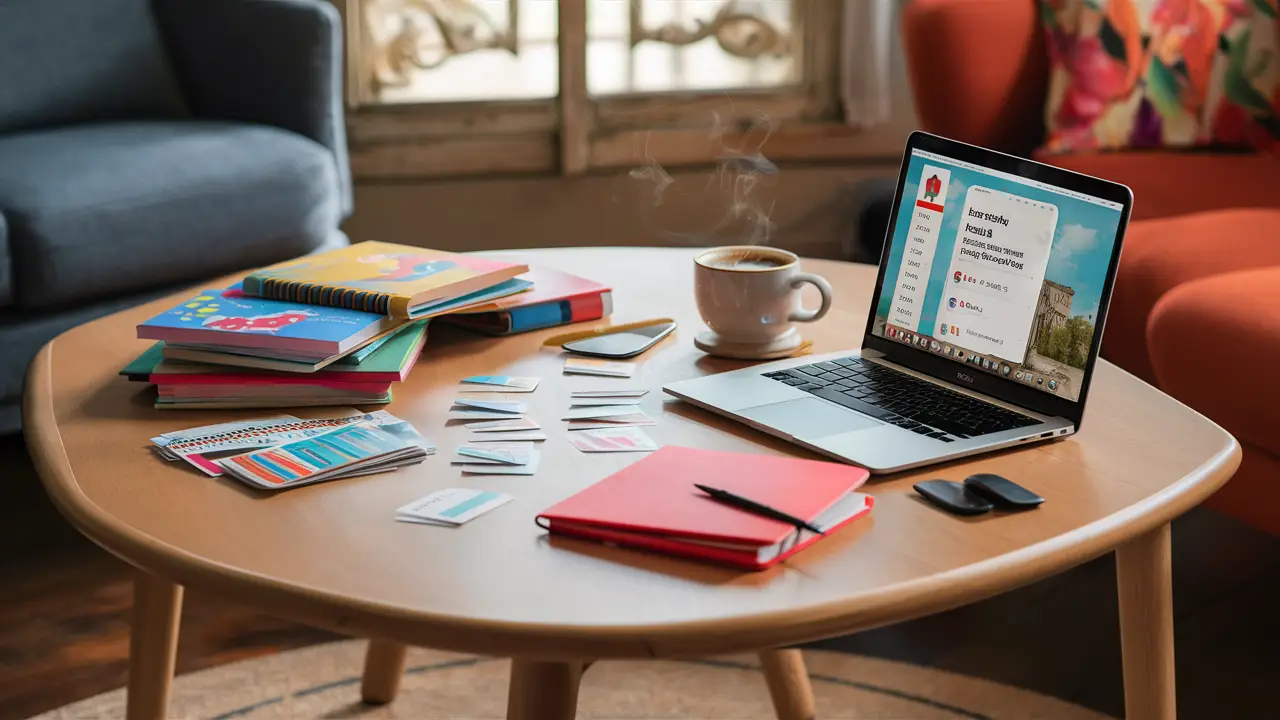 Table de bois avec des livres de français, cartes, ordinateur portable, cahier rouge, et tasse de café blanc.