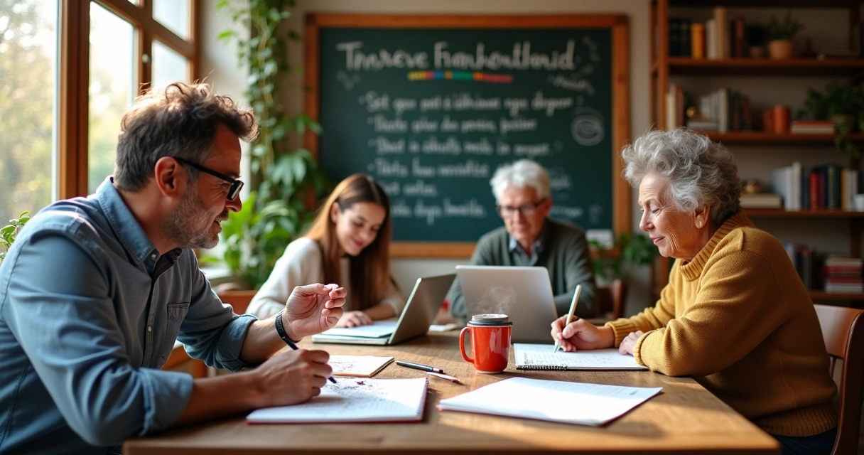 Scène d'un atelier d'écriture dans un café, avec des personnes engagées dans la rédaction au milieu de livres et de plantes.