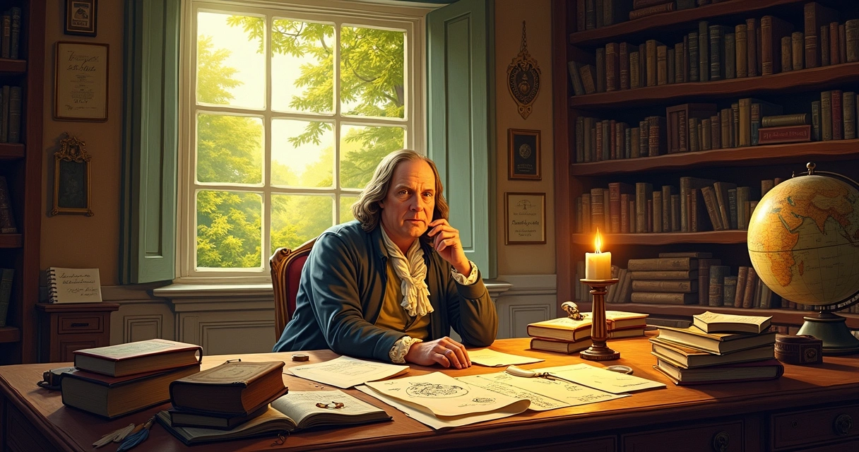 Benjamin Franklin in an 18th-century study, surrounded by books, quills, and a candle-lit desk.