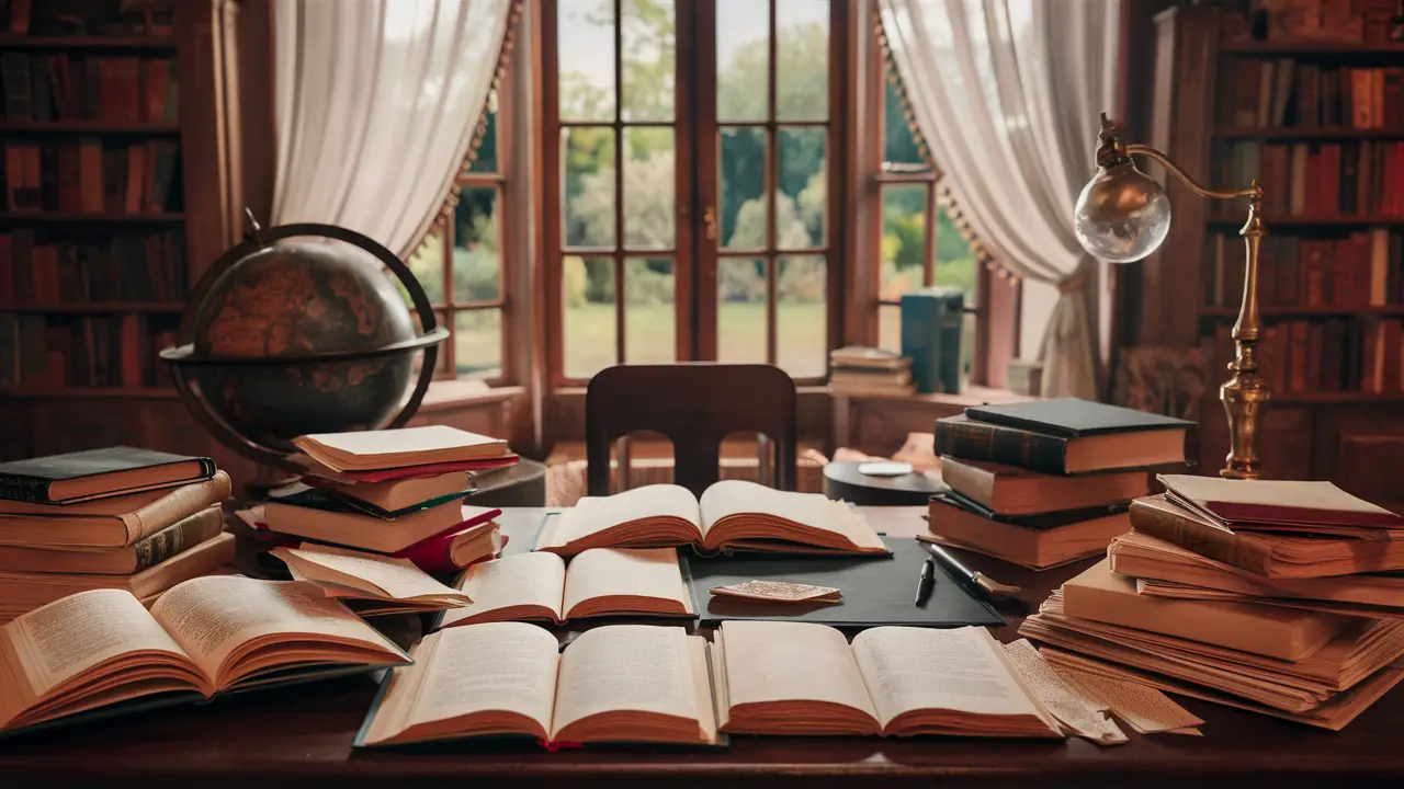 Une pièce de bibliothèque avec un bureau en bois rempli de livres ouverts, de papiers, et une plume vintage.