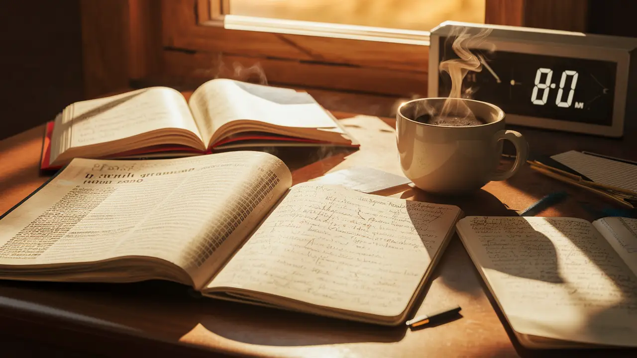 Bureau en désordre avec livre de grammaire française, café fumant et horloge indiquant 8:00 AM sur fond de lumière matinale.