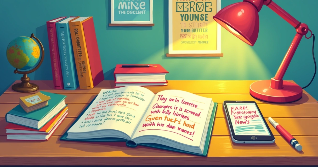 Configuration d'étude colorée pour la mémorisation du vocabulaire avec des livres et un smartphone