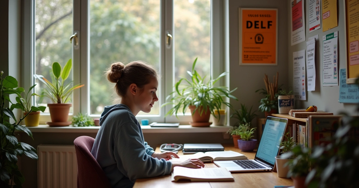 Étudiant assis à un bureau d'étude, préparant le DELF B1 avec des cahiers ouverts et un ordinateur portable.