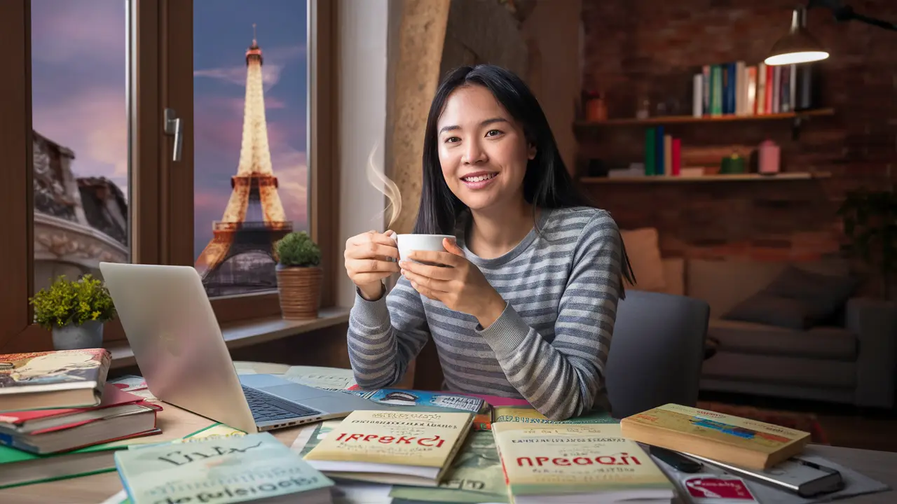 Femme lisant des livres pour apprendre le français avec une vue de la Tour Eiffel par la fenêtre.