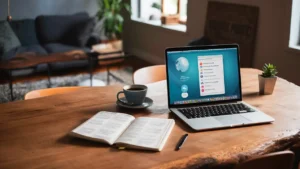 Laptop with language app, coffee cup, French dictionary, and plant on wooden table in bright room.