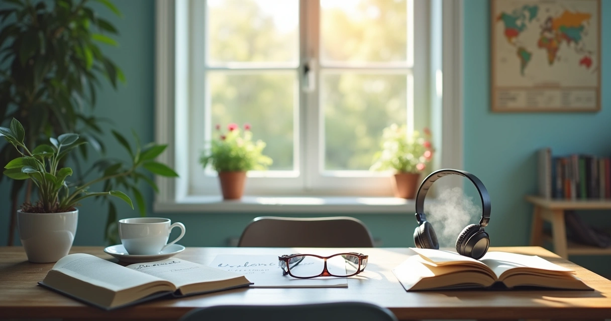 Intérieur d'une salle d'étude tranquille avec livres de français, thé, écouteurs et plante.