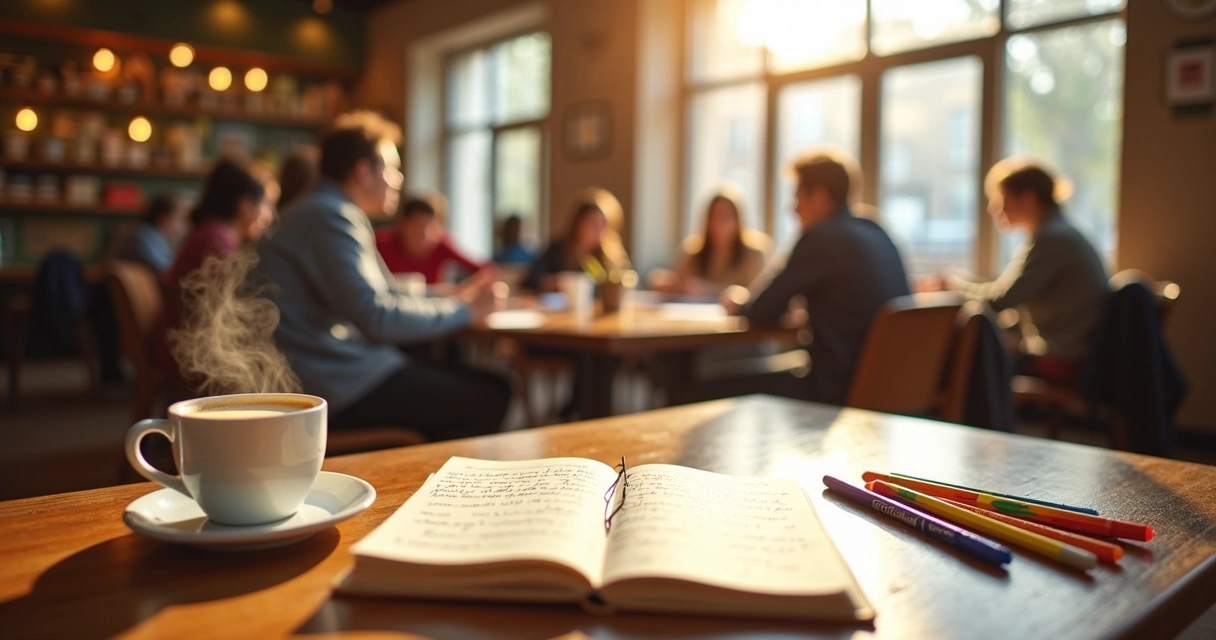 Scène d'étude dans un café avec un carnet ouvert, café fumant, et étudiants en discussion.